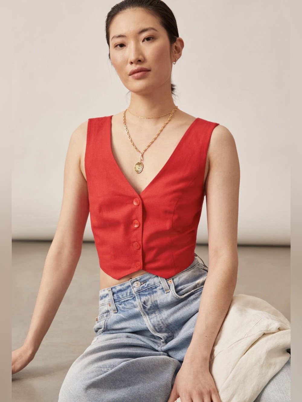 Anthropologie x Mare Mare Red Linen Blend Cross-Back Cropped Vest Top Sz XS
